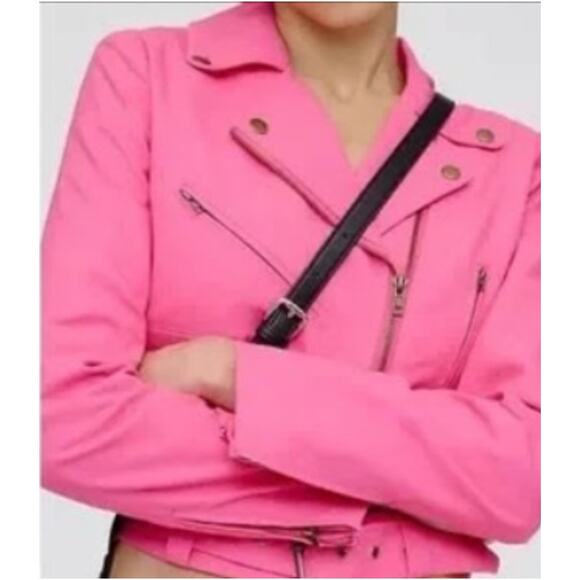 Dolan Left Coast Women's Pink Linen Blend Moto Jacket - Size L - Picture 2 of 8